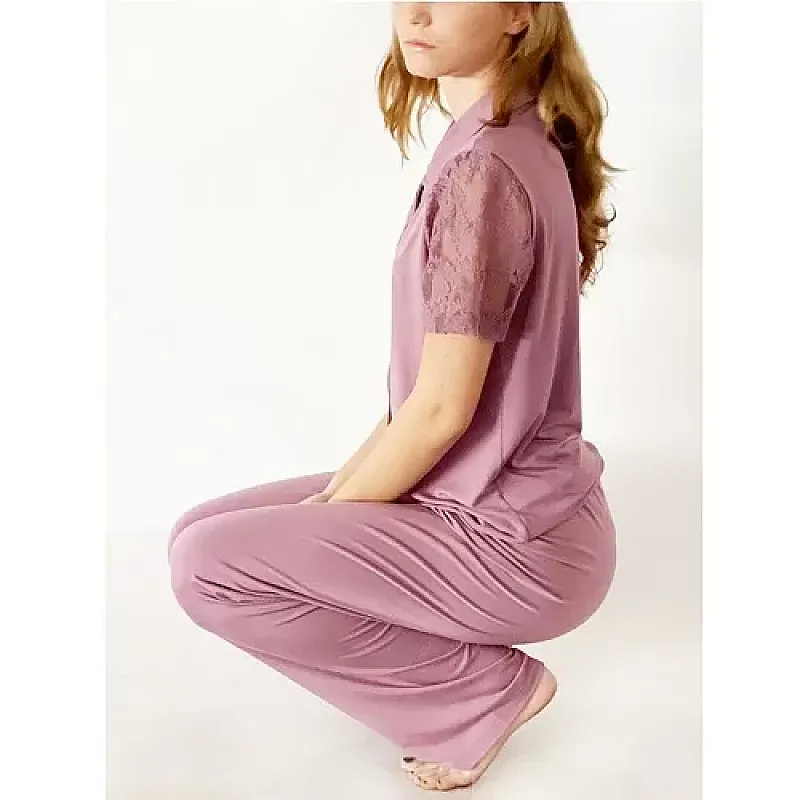 Pijama dama Nicol Da Re, Camille Berry, Bambus, pantaloni lungi, maneca dantela, M, Roz