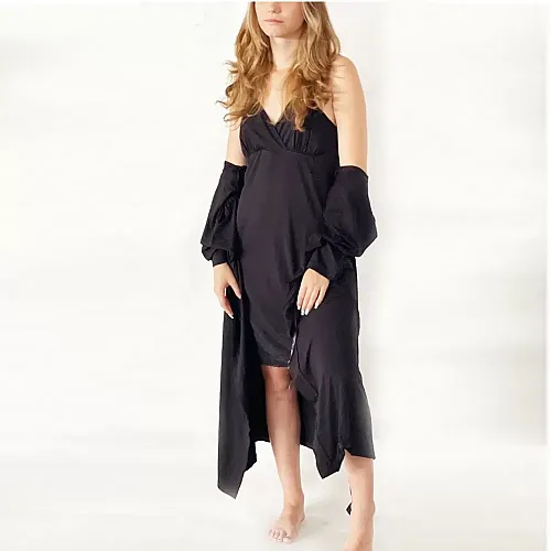 Pijama dama Nicol Da Re, Juliette, Bambus si dantela, camasa de noapte cu halat, XL, Negru