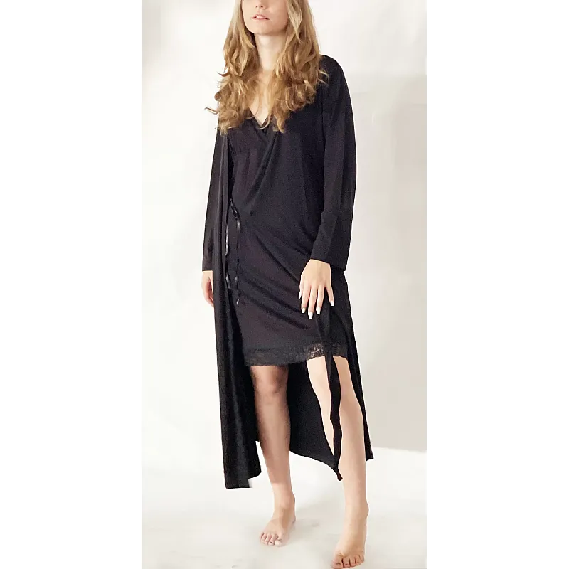 Pijama dama Nicol Da Re, Juliette, Bambus si dantela, camasa de noapte cu halat, XL, Negru