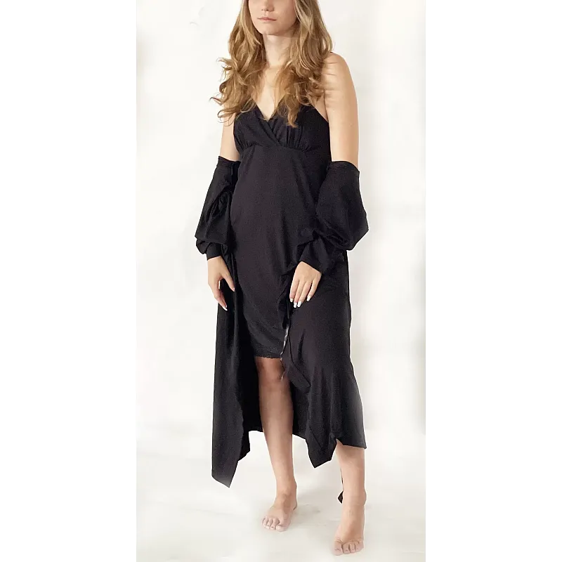 Pijama dama Nicol Da Re, Juliette, Bambus si dantela, camasa de noapte cu halat, XL, Negru